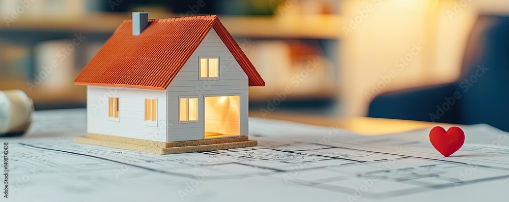 Poster building house on blueprint featuring project and model concept. a miniature house model on a bluepr