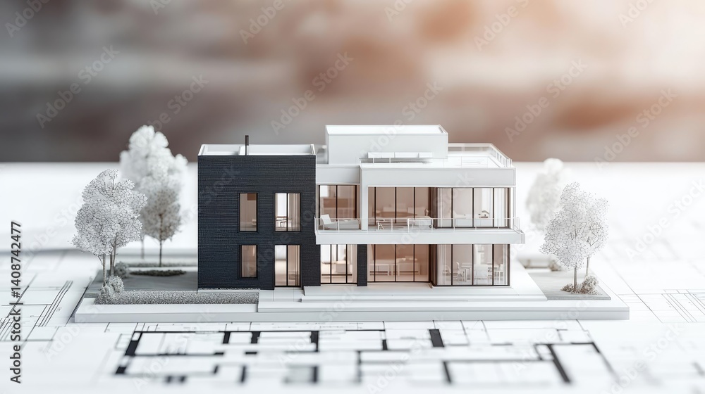 Poster building house on blueprint featuring project and model concept. modern architectural model showcasi