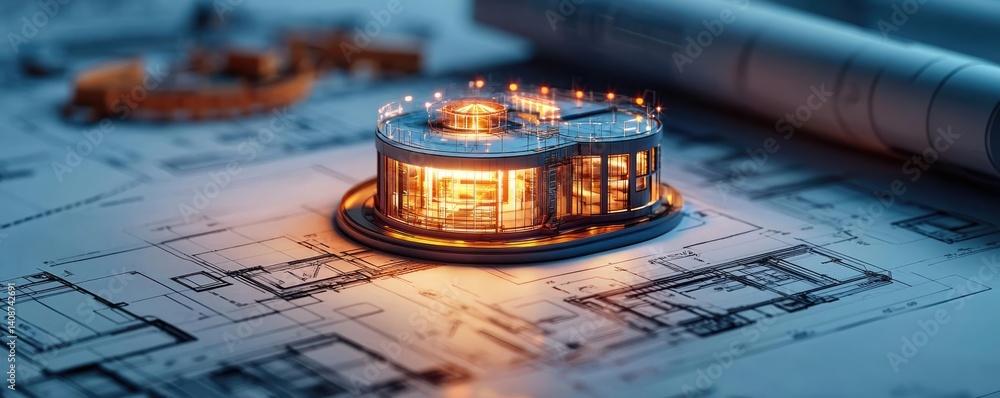 Poster building house on blueprint with model and vignetting concept. a detailed architectural model on blu