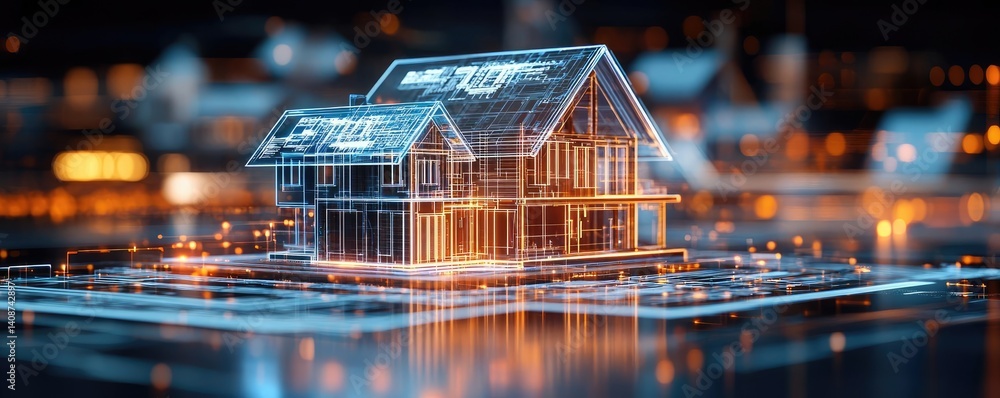 Poster building house on blueprint featuring project and model concept. futuristic digital house model glow