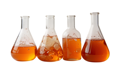 laboratory flasks filled with orange liquid for scientific research PNG Image