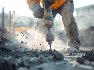 A construction worker drilling into concrete with a rotary hammer. Featuring demolition work and tool usage