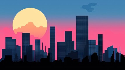 Fototapeta premium Vibrant comic book cityscape with bold outlines, geometric skyscrapers, and a retro 90s color palette.