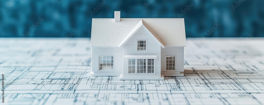 Poster building house on blueprint under model and construction concept. miniature house model on architect
