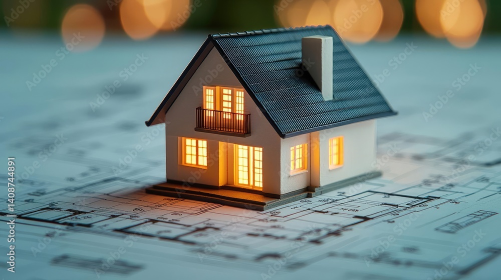 Aufkleber building house on blueprint with model and vignetting concept. a beautifully lit miniature house mod