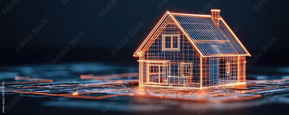 Poster building house on blueprint with model and vignetting concept. a glowing, digital house model showca