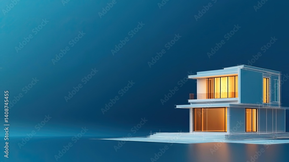 Poster building house on blueprint under model and construction concept. modern architectural design of a s