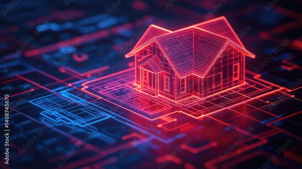 Poster building house on blueprint featuring project and model concept. futuristic house design over a digi