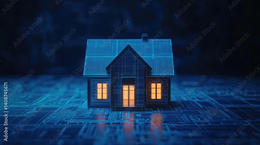 Poster building house on blueprint featuring project and model concept. a glowing miniature house on a digi