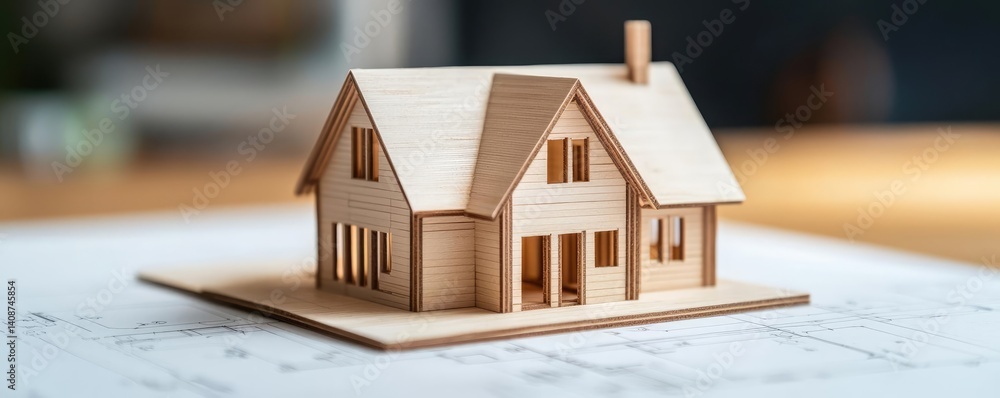 Poster building house on blueprint with model and vignetting concept. a detailed wooden house model on top 