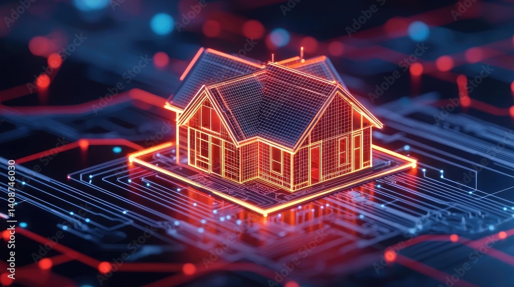 Poster building house on blueprint under model and construction concept. digital home model with glowing ed