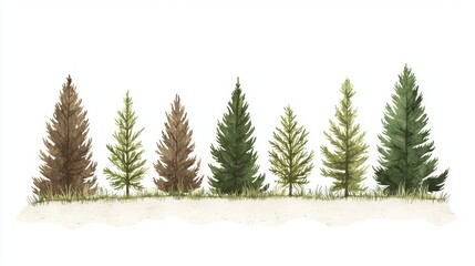 Fototapeta premium A row of illustrated evergreen trees showcasing various shades and sizes, representing nature's diversity.