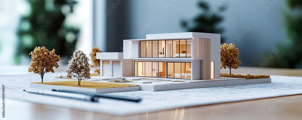 Aufkleber building house on blueprint under model and construction concept. modern architectural model showcas