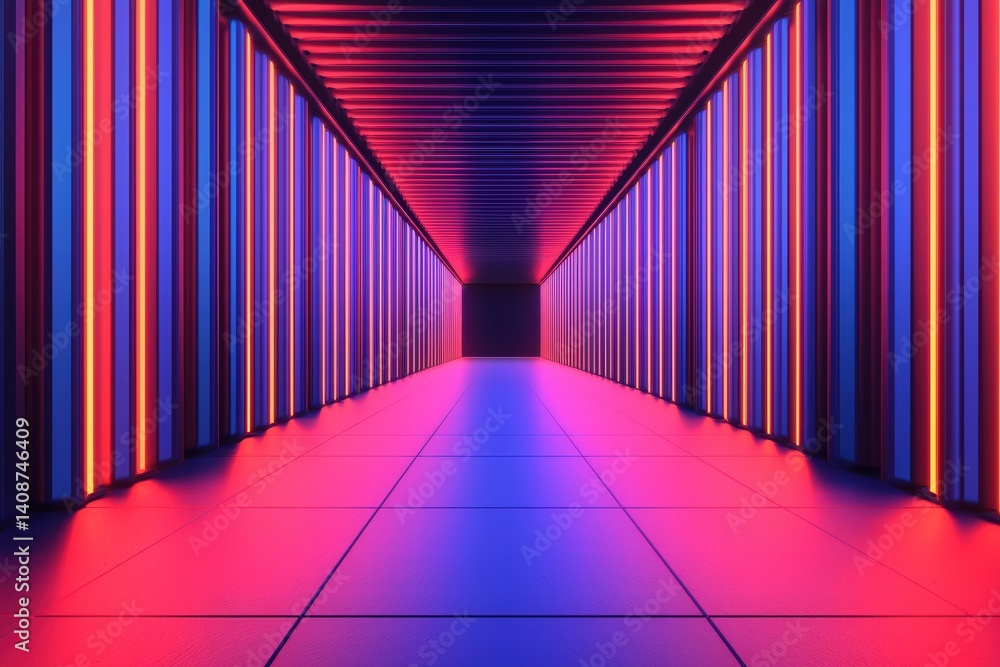 Poster a vibrant corridor illuminated by colorful lights, creating a futuristic atmosphere with bold lines 