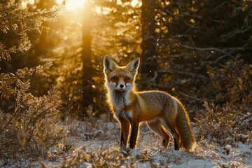 Obraz premium A red fox stands gracefully in a snowy landscape, surrounded by trees. The warm glow of the setting sun illuminates its fur, creating a serene atmosphere in the forest.