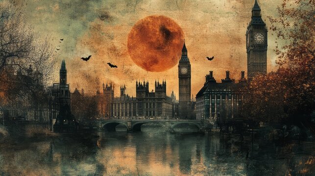 London cityscape with blood moon and bats in the sky