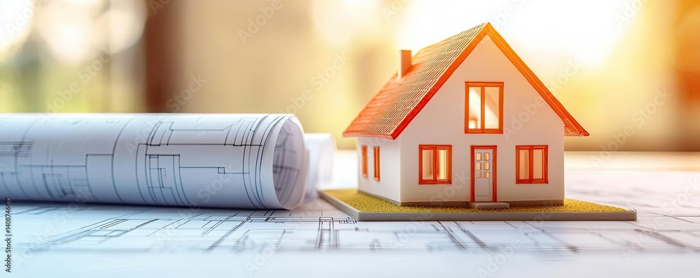 Poster building house on blueprint featuring project and model concept. a detailed model house beside archi