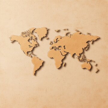 Fototapeta A carved wooden map of the world displayed on a light background, showcasing continents in a minimalist design.