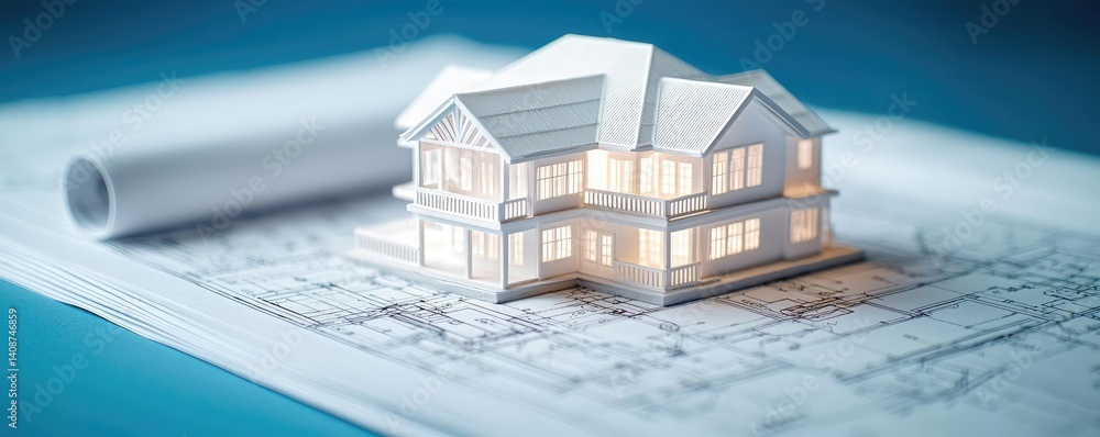 Poster building house on blueprint under model and construction concept. architectural model of a house on 