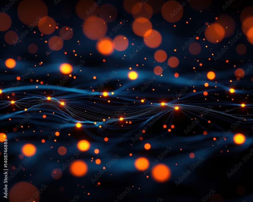 Poster a mesmerizing abstract image featuring glowing orbs and flowing lines against a dark background, evo
