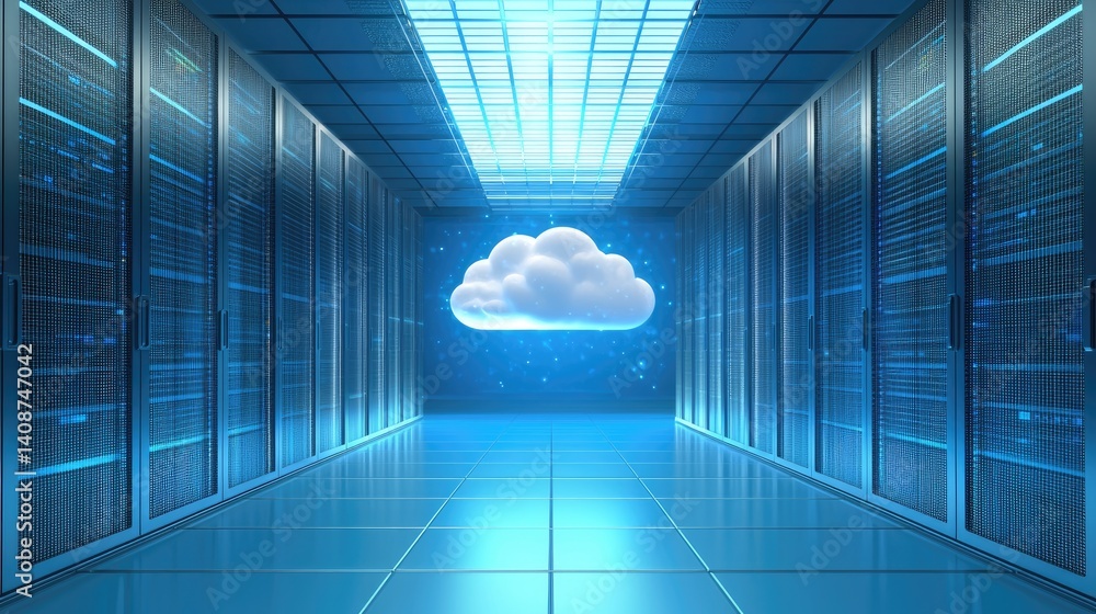 Poster Futuristic server room with glowing cloud icon, representing cloud computing and data storage. Ideal for tech websites, cloud services, and digital transformation themes
