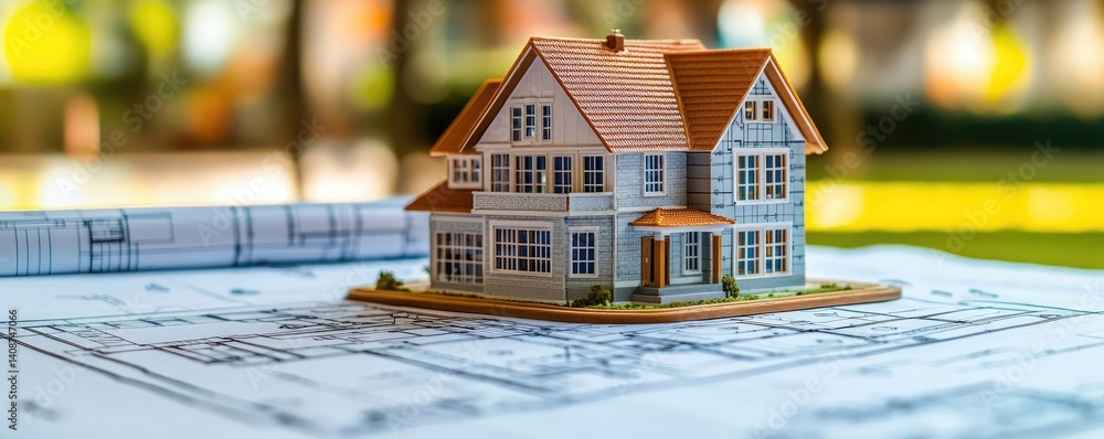 Aufkleber building house on blueprint under model and construction concept. a detailed model house on blueprin