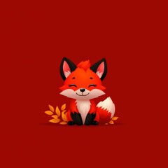 A cute cartoon fox with a bright red coat, smiling cheerfully among autumn leaves against a solid red background.