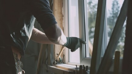 A construction worker fitting a window frame into a wall. Featuring precision and focus