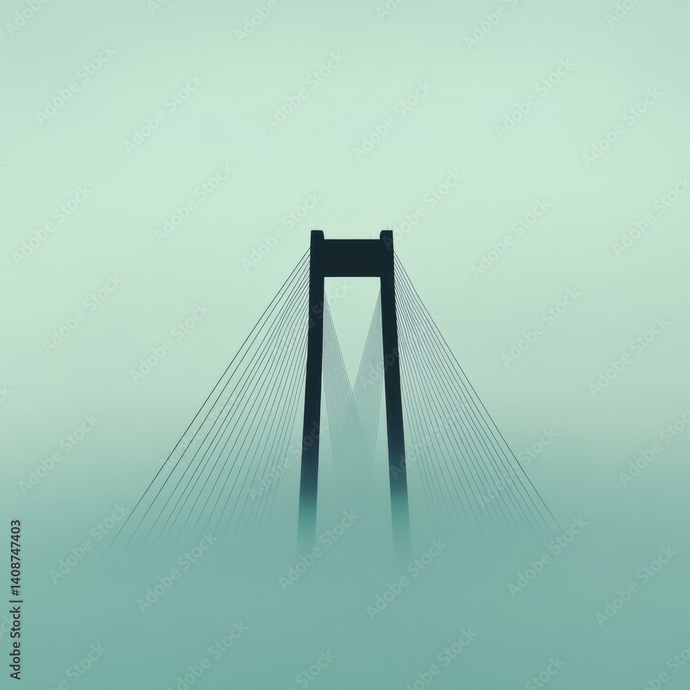 Poster a minimalist image of a bridge emerging through fog, creating a serene and mysterious atmosphere.