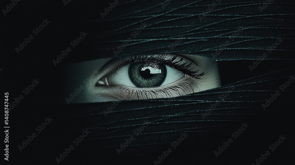 Poster a close-up of an eye partially obscured by dark fabric, creating a mysterious and intriguing atmosph