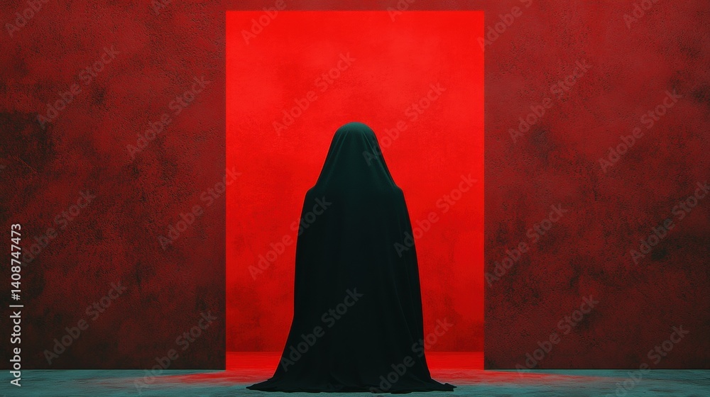 Poster a mysterious figure in a dark cloak stands before a vibrant red doorway, creating a striking contras