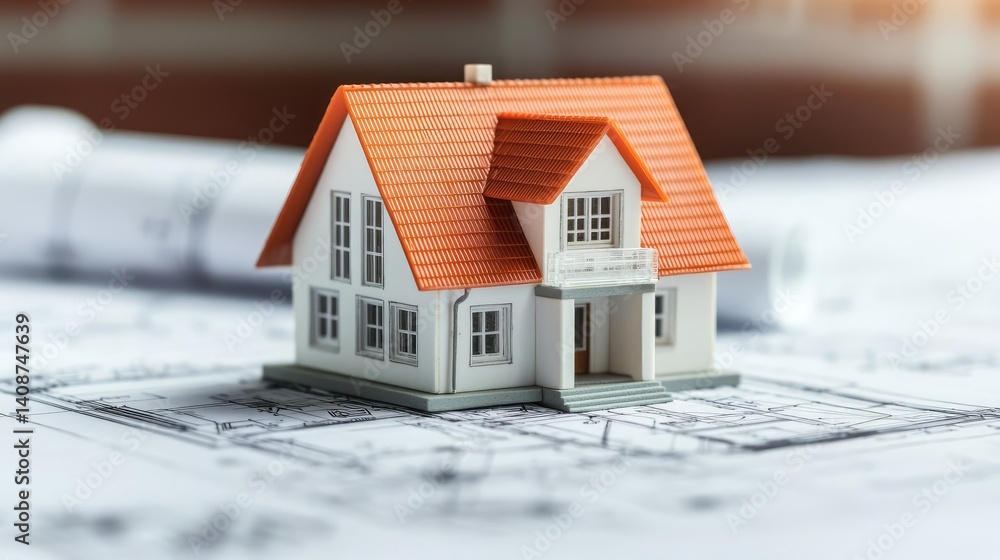 Poster building house on blueprint featuring project and model concept. miniature house model placed on con