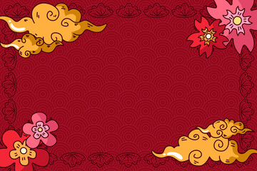 Red and Gold Asian Festive Background Design.
Luxurious decorative scene with flowers, clouds, and traditional patterns. Suited for cultural events, packaging, or seasonal marketing.