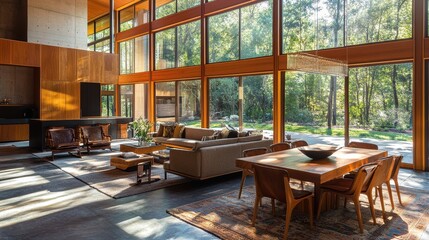 Fototapeta premium Spacious modern living room with expansive forest views.