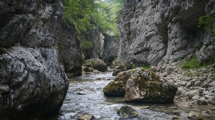 Obraz premium Rocky gorge with a flowing stream amidst lush greenery.
