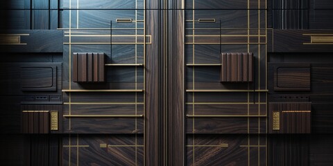 Obraz premium Dark Wood Paneling with Gold Accents: Modern Interior Design, Luxury and Architectural Detail
