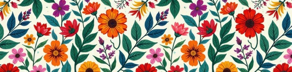 Colorful floral design in a repeating pattern on a seamless background featuring different types of flowers and foliage, nature, patterns, garden backdrop