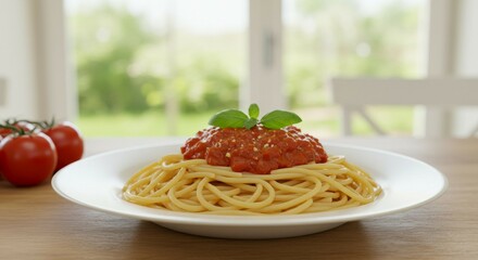 A plate of delicious spaghetti with tomato sauce and fresh basil, garnished with grated cheese, served on a wooden table near a window with a blurred background of nature.