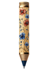 Elegant Floral Design Pen with Blue and Red Flowers on Wooden Texture Background