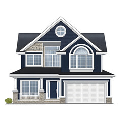 Horizontal layout of a home with large front window, blue and gray, vector logo style, white background