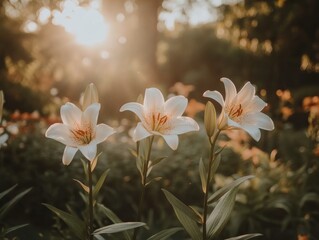 Fototapeta premium Three beautiful white lilies bloom in a sunlit garden, surrounded by lush greenery and soft glowing light, creating a serene and peaceful atmosphere.