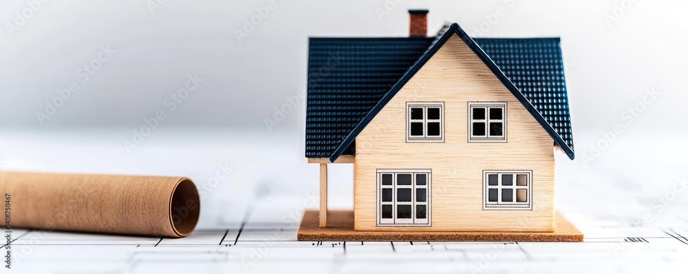 Poster building house on blueprint featuring project and model concept. model house symbolizes home constru