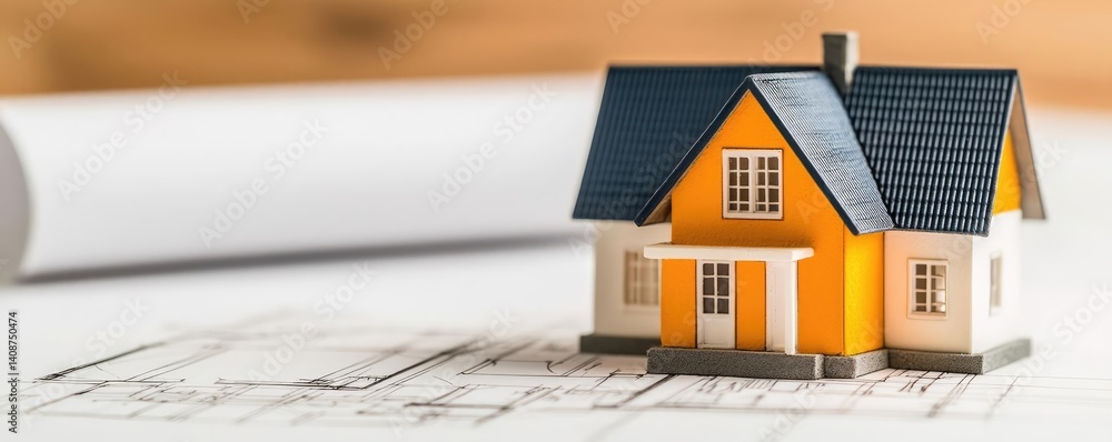 Poster building house on blueprint featuring project and model concept. a model house on architectural blue
