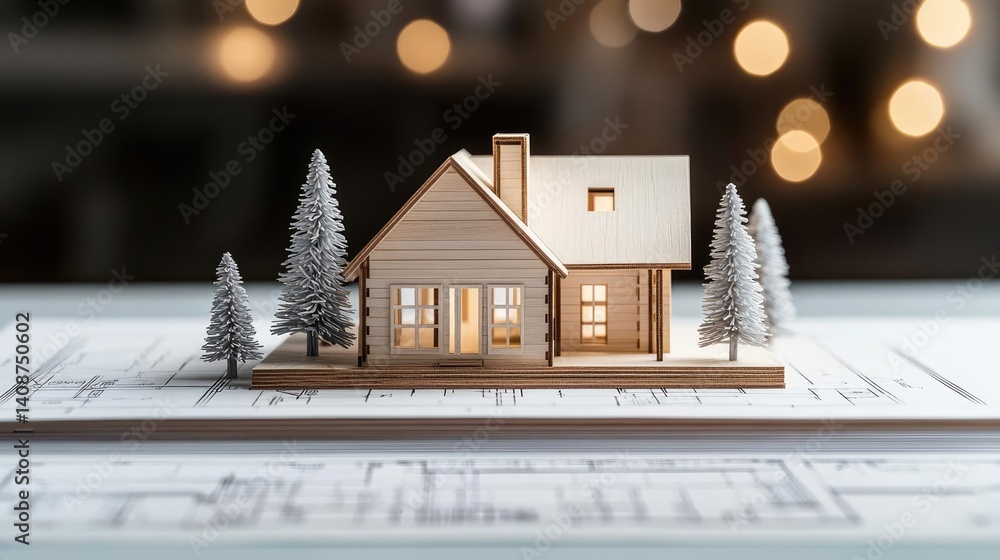 Poster building house on blueprint under model and construction concept. a wooden model house with blueprin