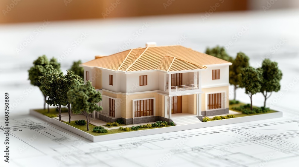 Poster building house on blueprint under model and construction concept. a detailed architectural model of 