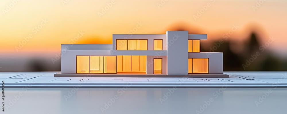Poster building house on blueprint under model and construction concept. a modern architectural model showc