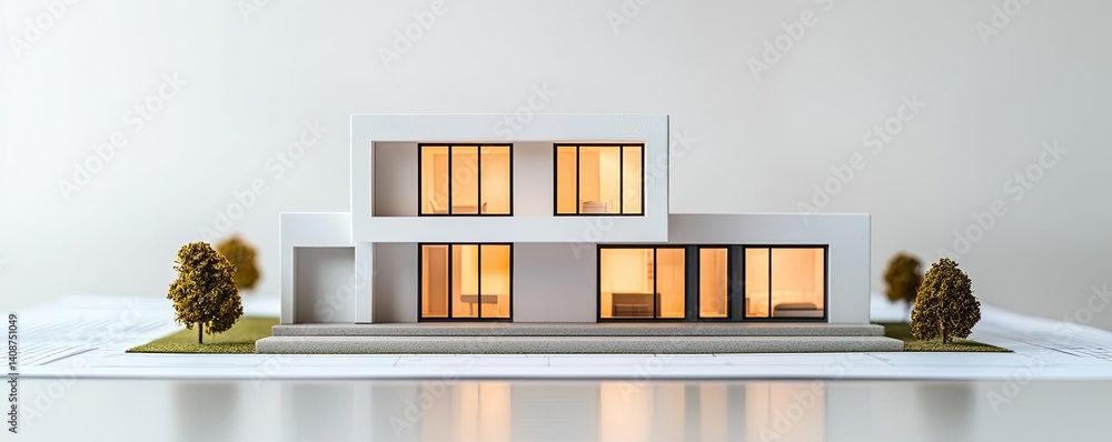 Poster building house on blueprint under model and construction concept. modern architectural model of a st