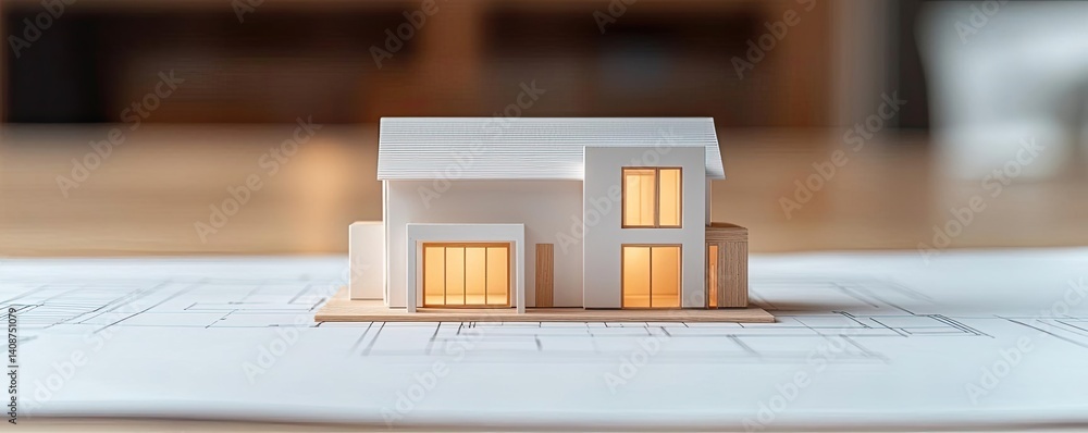 Poster building house on blueprint under model and construction concept. detailed architectural model illum