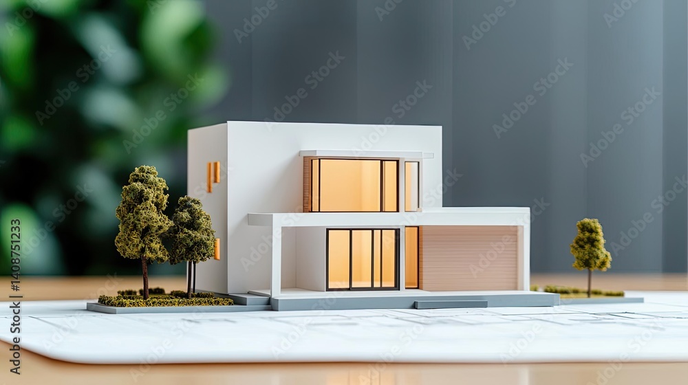 Poster building house on blueprint under model and construction concept. modern architectural model showcas