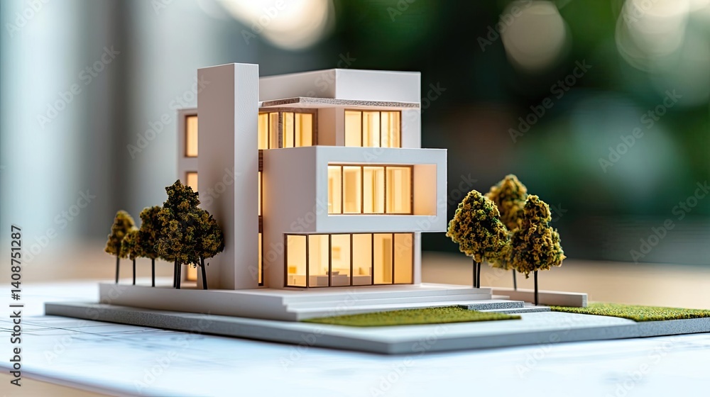 Poster building house on blueprint under model and construction concept. modern architectural model showcas